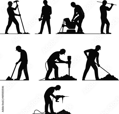 Silhouettes of construction workers using tools, digging, drilling, shoveling, operating machinery, manual labor, industrial work poses, construction equipment usage