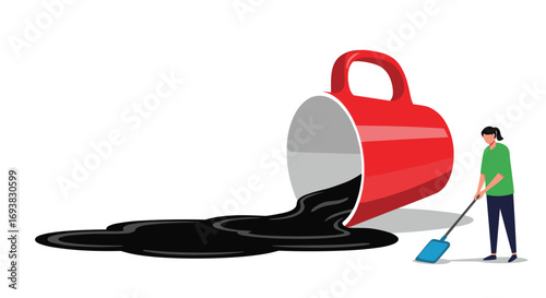 Woman cleaning up a spilled coffee cup on a white background