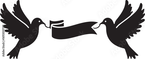 Two black silhouette birds holding a blank banner in their beaks white
