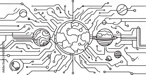 Black and white abstract circuit board pattern with planets and celestial bodies technology