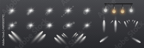 Realistic spotlight beams and glowing lighting effects. On a transparent background
