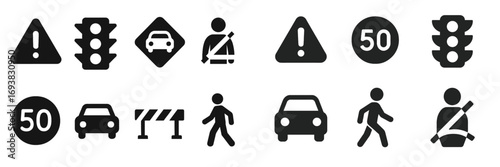 Traffic signs and symbols illustrating road safety and regulations in a city