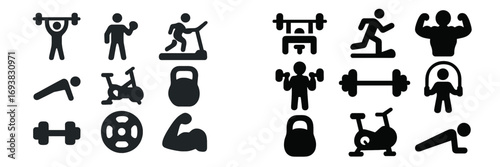 Collection of diverse fitness icons showing various exercise activities and gym equipment for physical training