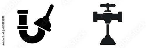 Tools for fixing plumbing issues in a household setting with a focus on a plunger and faucet
