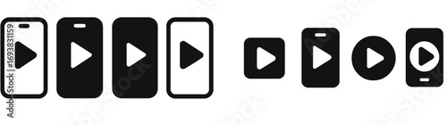 Collection of mobile device icons featuring play buttons in various orientations and sizes