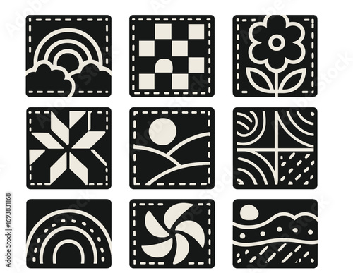 Unique geometric patterns and designs displayed on a black background suitable for various creative projects