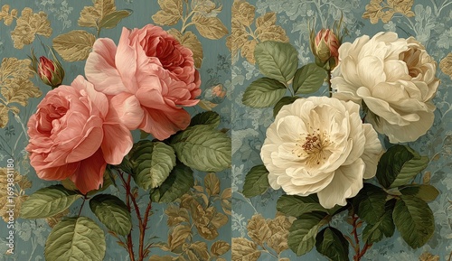 Two bouquets of roses, pink and white, on a teal floral backdrop