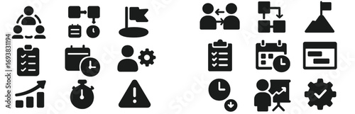 Collection of black icons representing teamwork, project management, and time management activities in a professional setting