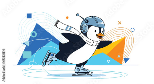 Whimsical penguin ice skating through geometric shapes and abstract designs featuring a retro space helmet