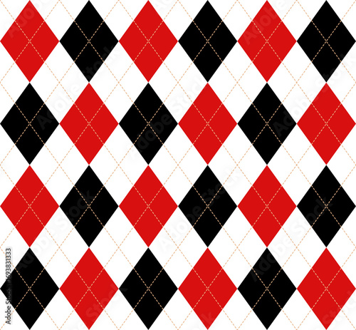 Harlequin red and black seamless pattern. Argyle classic fabric design texture. Diamond lozenge simple background with gold line. Joker venetian rhombus carnival ornament bg. Vector illustration.