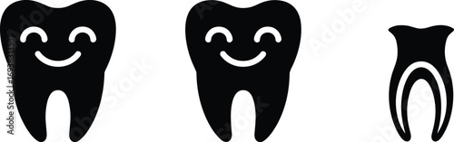 Smiling tooth icons, happy teeth illustrations, dental health symbols, tooth anatomy vector, oral care icons, dental hygiene design, healthy teeth signs