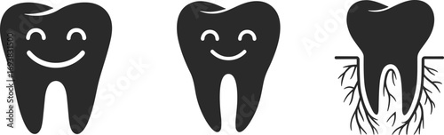Smiling tooth icons, healthy teeth illustration, dental care, happy tooth symbol, dental roots anatomy, dental health vector set, oral hygiene design