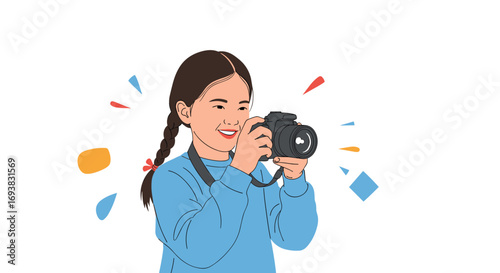 A young girl happily captures moments with her digital camera creating memories through photography