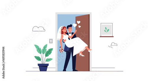 Groom carries bride through doorway beginning new life together celebratory moment happiness love