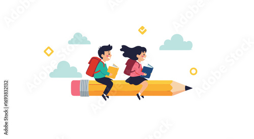 Children flying on a giant pencil reading books with clouds in the sky
