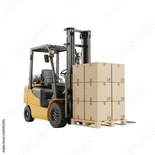 Forklift truck carrying pallet of cardboard boxes isolated