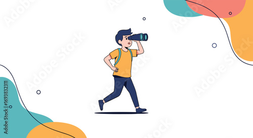 A curious young explorer with a backpack and binoculars discovers new horizons with wonder and anticipation