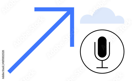 Blue arrow indicating growth, microphone symbolizing voice technology, and cloud representing storage or connectivity. Ideal for technology, AI, growth, communication, podcasting, cloud computing