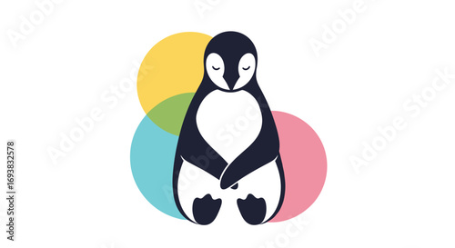Adorable penguin meditating peacefully with colorful circles presenting inner calmness and serenity