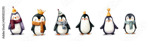 Cute penguins in party hats and scarves. Winter holiday cartoon birds in watercolor style. Festive clipart set for kids and cards. Collection of Vector illustrations. Perfect for invitation, card, pos