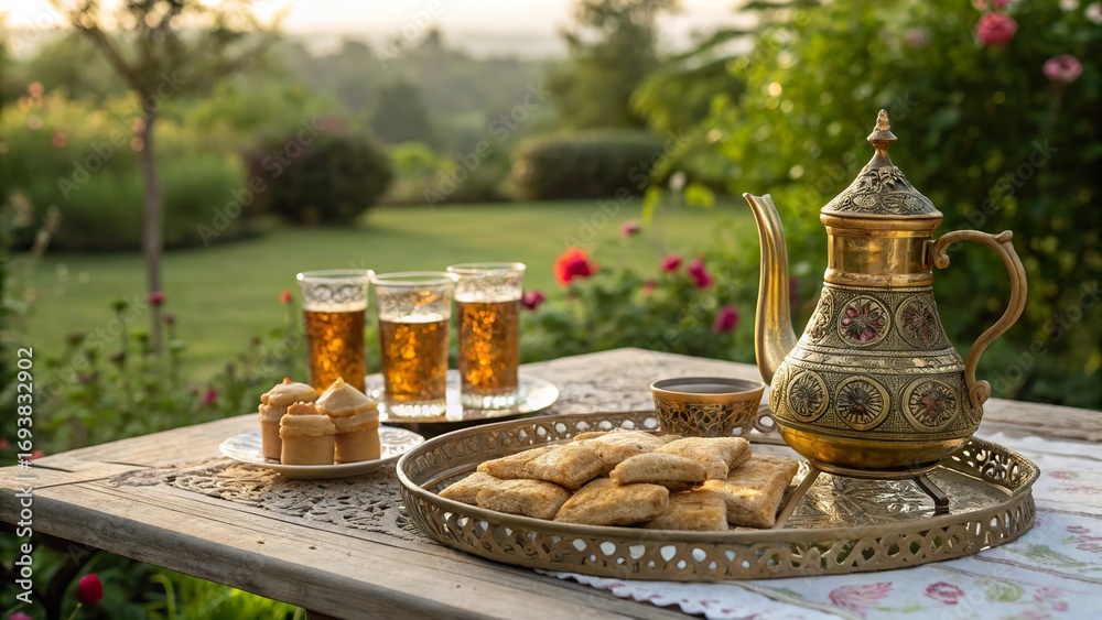 Fototapeta premium Indulging in sweet briouats and traditional Moroccan tea under a serene sunset sky