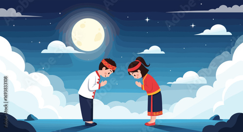 Children respectfully greeting under the full moon on a peaceful night sky