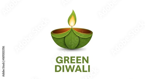 Eco Friendly Green Diwali Concept with Leaf Shaped Diya Lamp and Flame, Sustainable Festival Celebration, Environmental Friendly Deepavali Greeting Design on White Background
