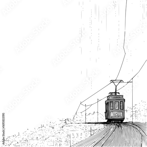 Vintage black and white tram illustration travel destination transportation cityscape drawing line art sketch 100