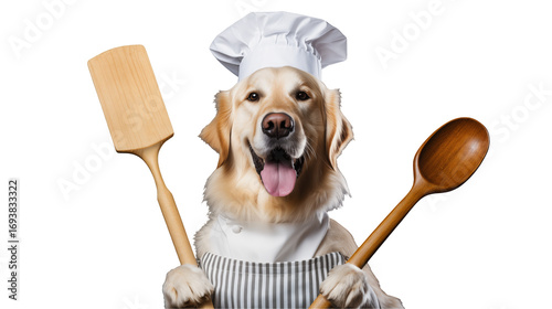 Joyful Golden Retriever chef with cooking utensils ready to whip up culinary magic