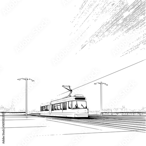 Line art drawing of modern city tram public transportation vehicle on tracks urban scene transportation sketch