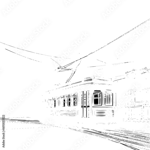 Vintage tram streetcar illustration black and white line art public transport drawing retro vehicle design 100