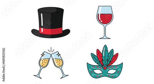 Vector illustration of group of four festive icons including a top hat, wine glass, clinking champagne flutes, and a masquerade mask