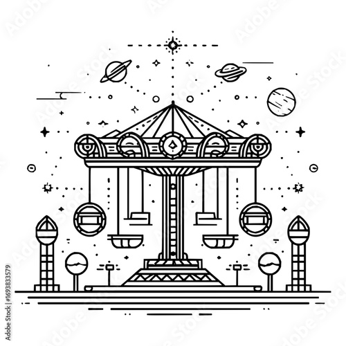 Detailed line drawing of a complex architectural structure with multiple levels and bridge connections