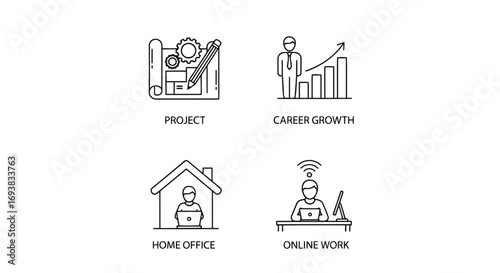 Vector illustration of set of four line art icons representing project, career growth, home office, and online work