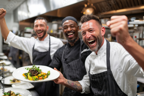 Team of chefs celebrating with a finished dish in restaurant kitchen, 