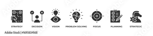 Strategic Excellence Icons set vector illustration glyph with Strategy, Decision, Vision, Problem solving, Focus, Planning, Strategic