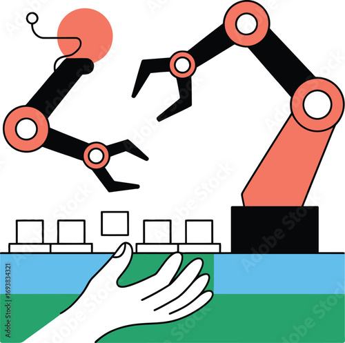 Robotic arms assemble components with human hand guidance on a futuristic platform