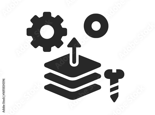 Various construction and engineering symbols representing tools, components, and assembly processes in a modern workspace