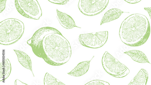 Style green pattern on white background, food wallpaper. Vintage drawing cut lemon sketch pattern. 