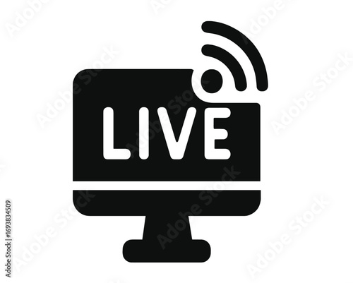 Live streaming technology graphic with broadcasting signal and monitor display