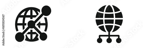 Exploring global connectivity through network diagrams and globe symbols used in technology and communication visuals