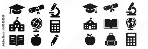 Educational symbols and icons representing learning tools and school-related activities in a simple, minimalist style