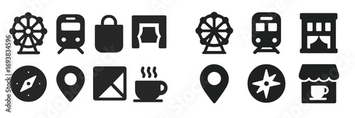 Icons representing transportation, navigation, and leisure activities in a modern design suitable for digital applications