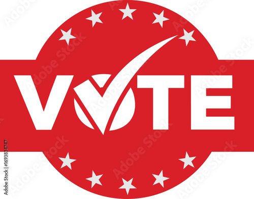 Red circular vote logo design with check mark and stars, modern political election badge vector illustration for democracy campaign, voting rights awareness and election day promotion
