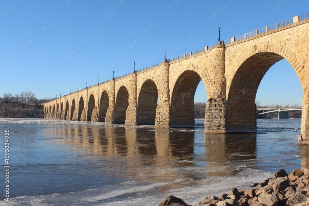 Fototapeta premium Stone arch bridge spans a river in winter, reflecting in calm water