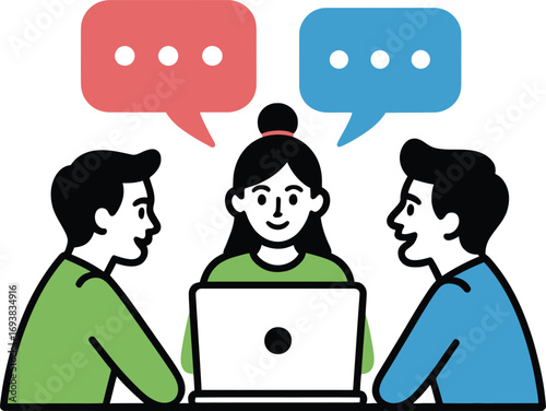 Team collaborates effectively on project using laptop and speech bubbles