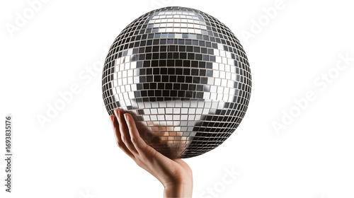 Hand gracefully presents sparkling disco ball, igniting party vibes for unforgettable celebrations