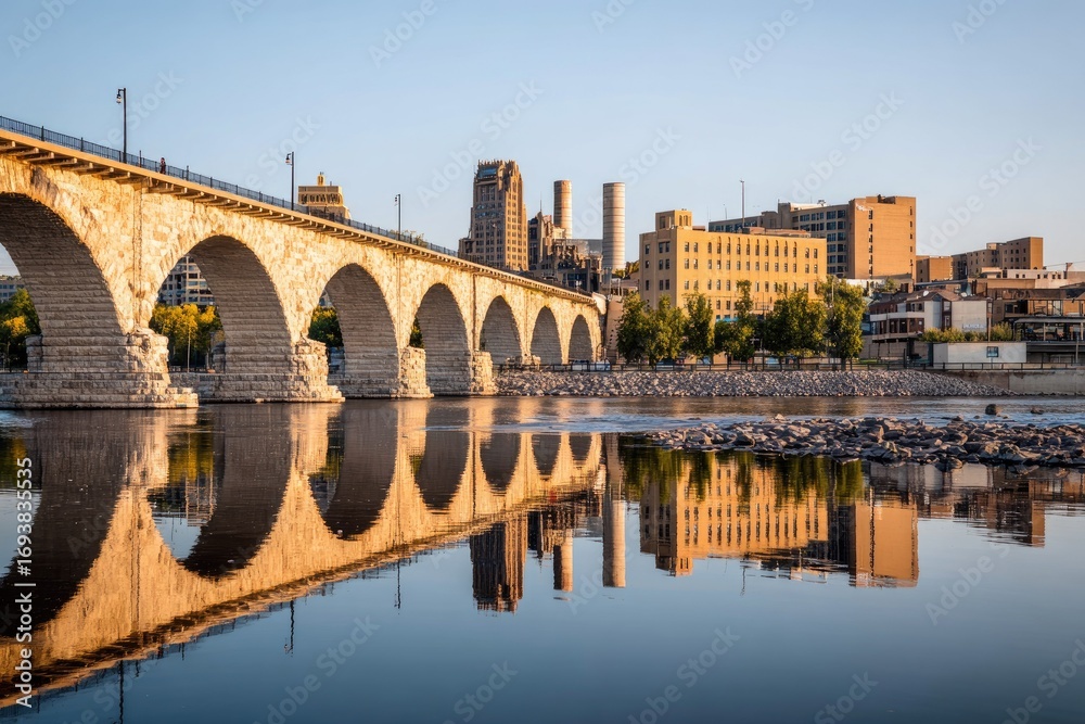 Fototapeta premium Stone arch bridge reflecting in calm river water at sunrise, city skyline in background