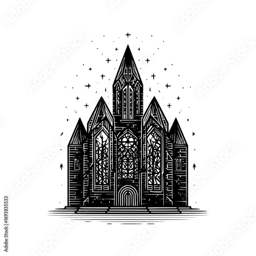 Gothic architecture church illustration black and white vector drawing of cathedral building with stars design