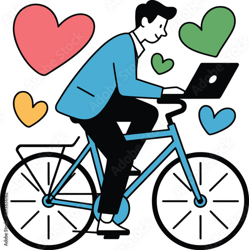 Man on bicycle working on laptop with hes floating around, promoting work-life balance